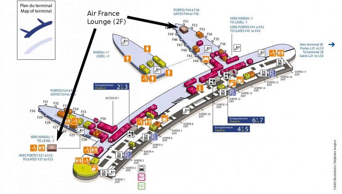 مطار شارل ديغول خريطة محطة 2e إلى 2f
